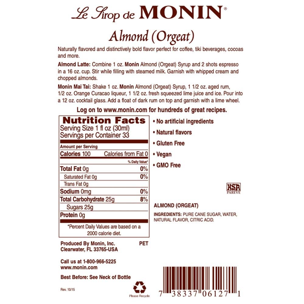 Monin Almond Syrup 750 ml (25.4oz) - Case 1