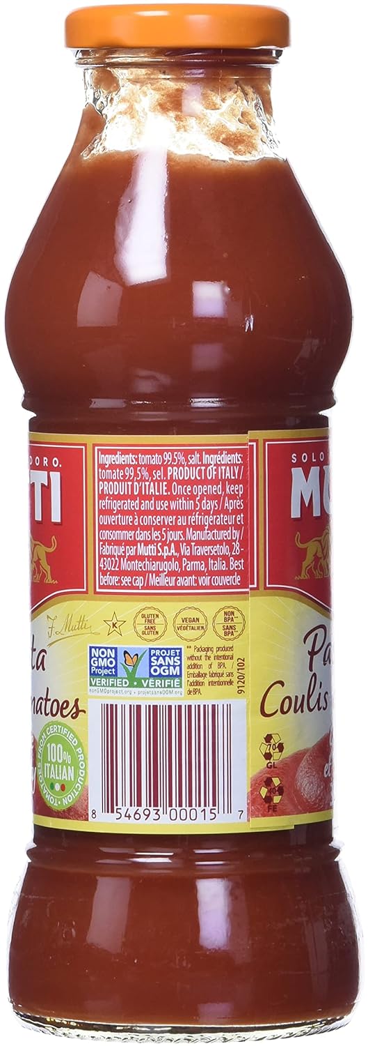 Mutti Tomato Puree (Passata), 14 oz. | Italy’s #1 Brand of Tomatoes | Fresh Taste for Cooking | Canned Tomatoes | Vegan Friendly & Gluten Free | No Additives or Preservatives - 1 Case