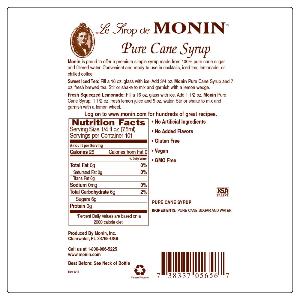 Monin - Pure Cane Syrup, Pure and Sweet, Great for Coffee, Tea, and Specialty Cocktails, Gluten-Free, Non-GMO (750 ml) - Case 1