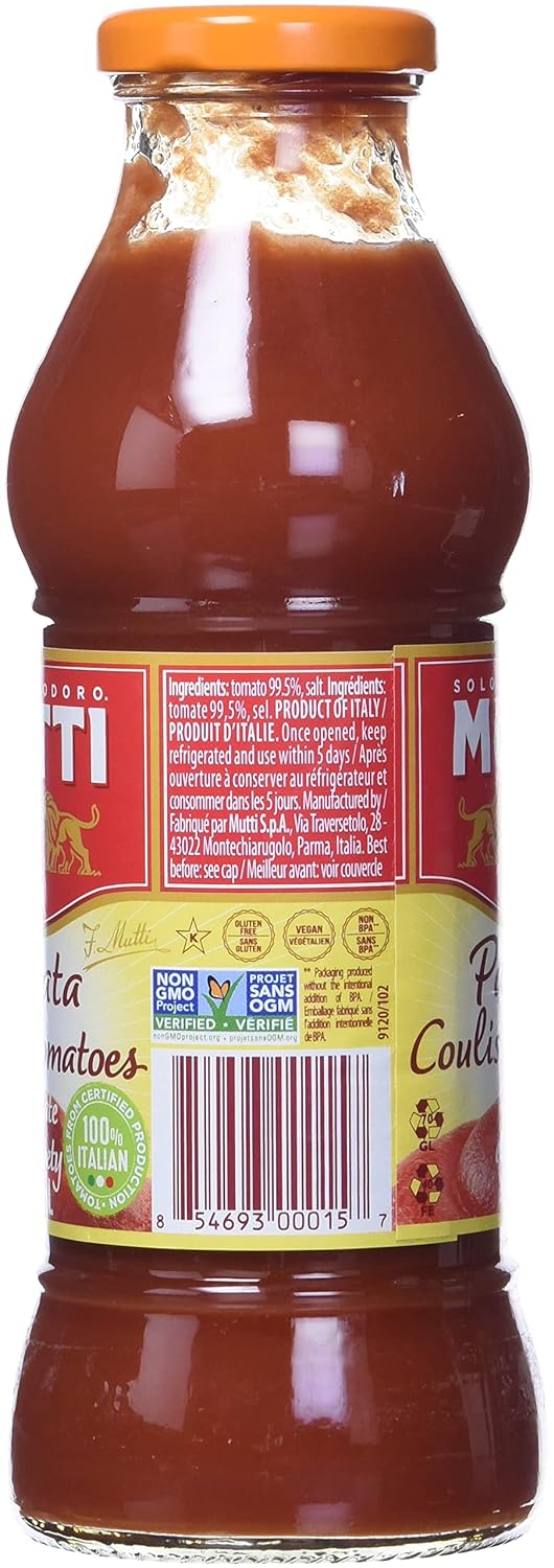Mutti Tomato Puree (Passata), 14 oz. | Italy’s #1 Brand of Tomatoes | Fresh Taste for Cooking | Canned Tomatoes | Vegan Friendly & Gluten Free | No Additives or Preservatives - 1 Case