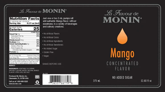 MONIN CONCENTRATED FLAVOR - 375 ML PLASIC BOTTLE: MANGO - Case 1