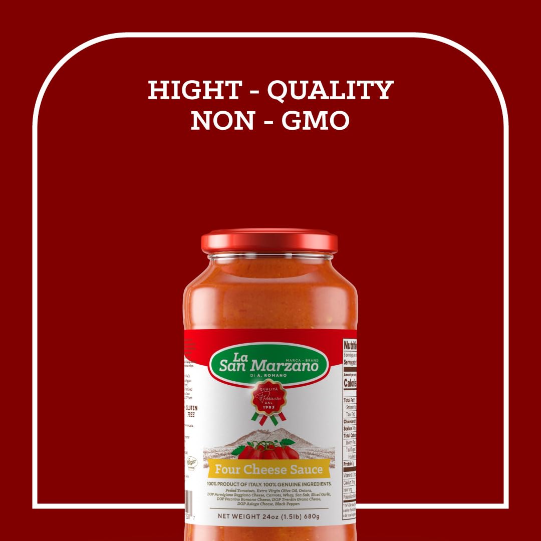 La San Marzano - Four Cheese Sauce - Pasta Sauce with 100% Italian Tomatoes Made in Italy - Peeled Tomatoes with Fresh and Natural Ingredients Gluten Free, Kosher 24 Ounce Jar - 1 Case