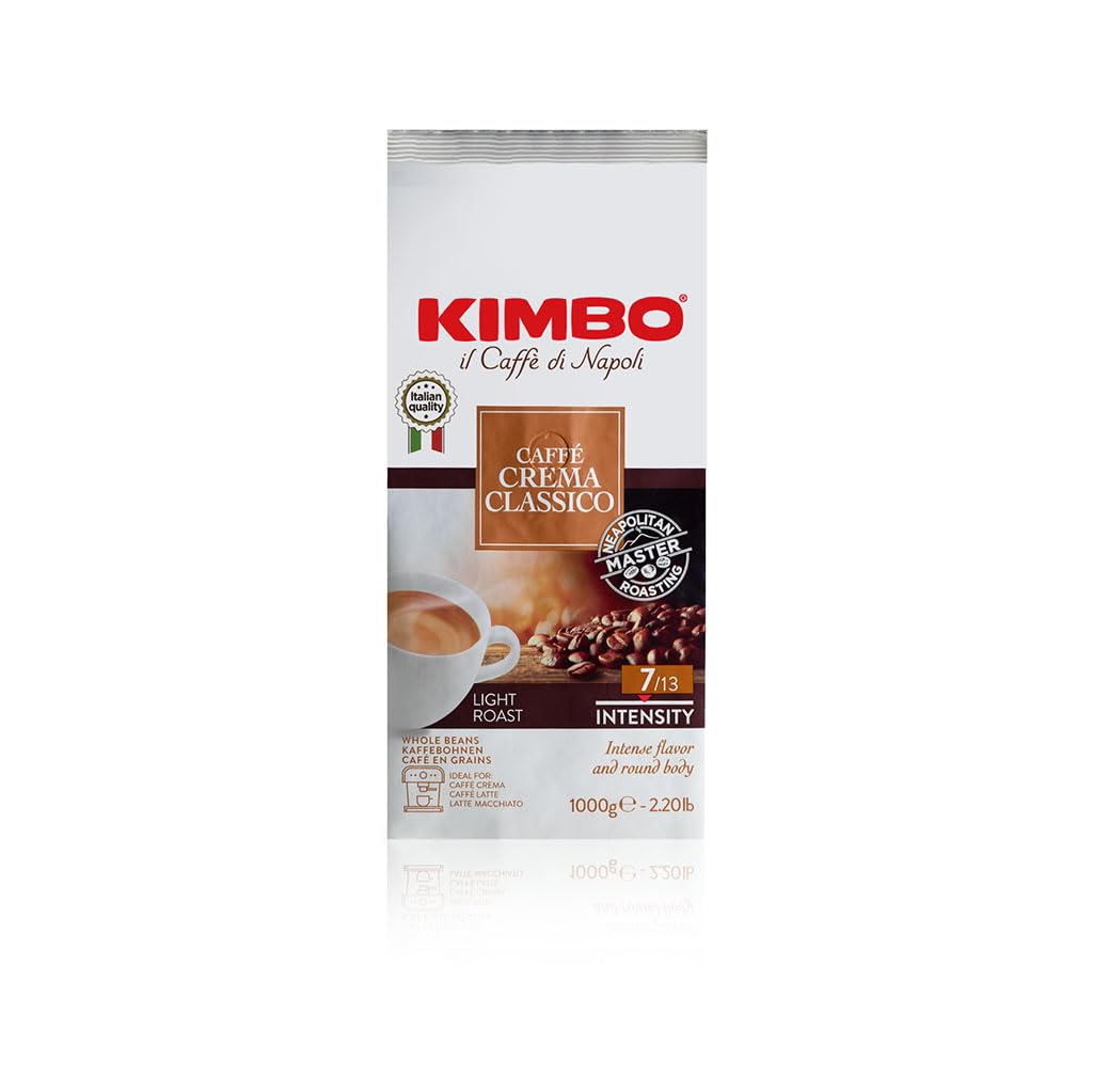 Kimbo Caffe Crema Classico Whole Bean Coffee - Blended and Roasted in Italy - Light Roast with Intense Flavor and Round Body - 2.2 lbs Bag - 1 Case