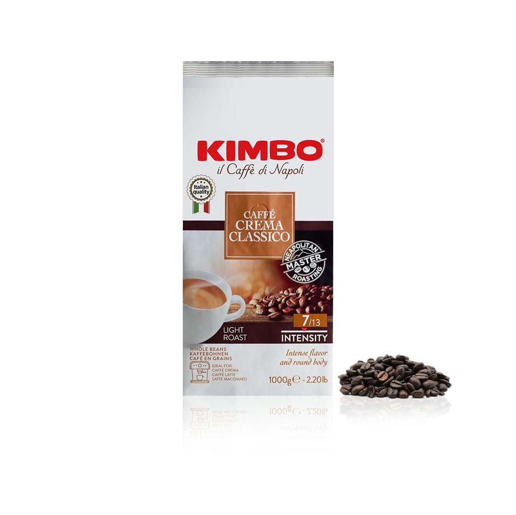 Kimbo Caffe Crema Classico Whole Bean Coffee - Blended and Roasted in Italy - Light Roast with Intense Flavor and Round Body - 2.2 lbs Bag - 1 Case