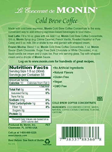 Monins Cold Brew Coffee Concentrate - New & Improved Version - 1 Liter - Case 1