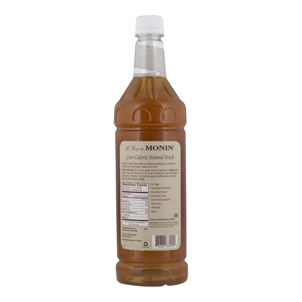 Monin - Zero Calorie Natural Peach Syrup, Fresh and Juicy Flavors, Great for Iced Teas, Lemonades, and Sodas, Non-GMO, Gluten-Free (1 Liter) - Case 1