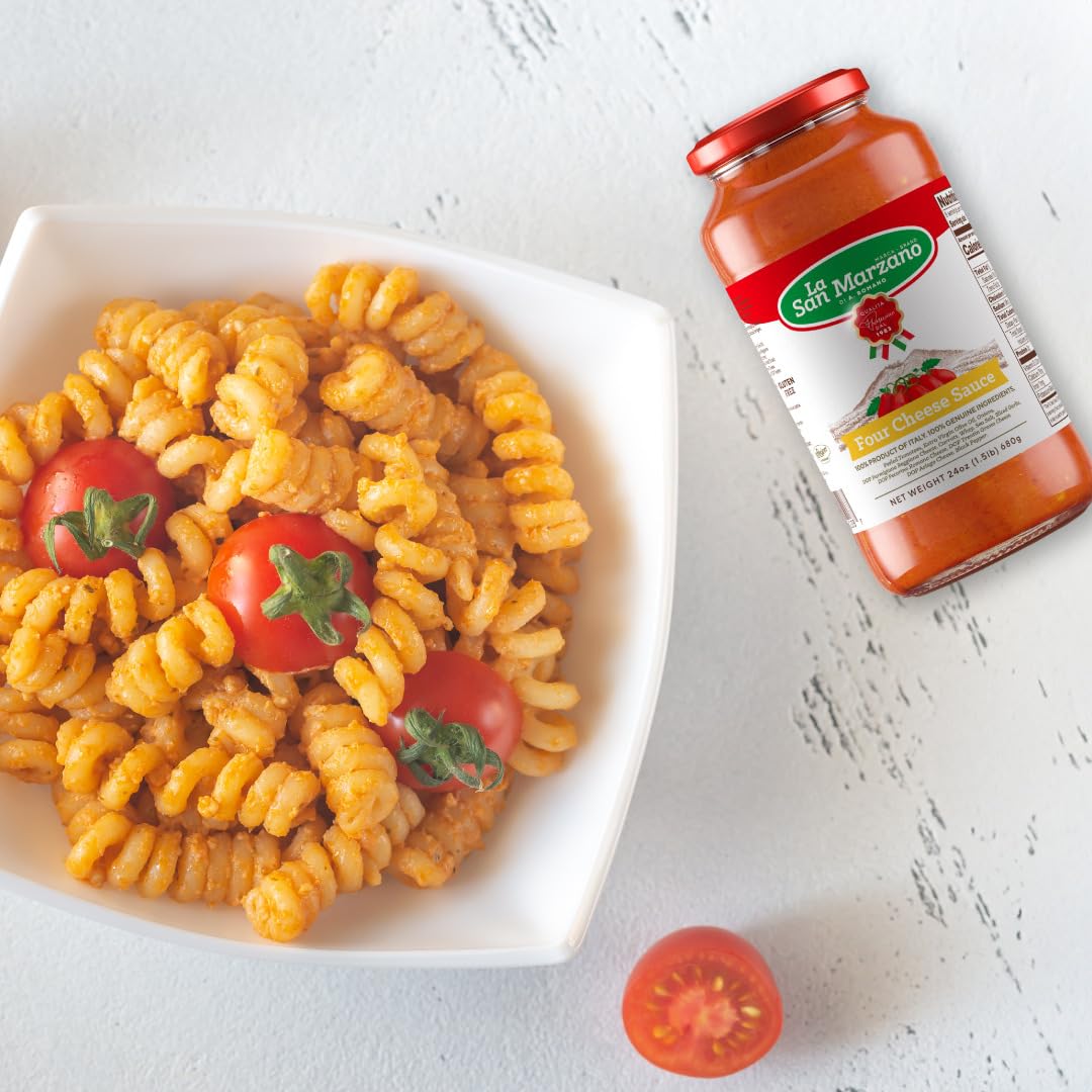 La San Marzano - Four Cheese Sauce - Pasta Sauce with 100% Italian Tomatoes Made in Italy - Peeled Tomatoes with Fresh and Natural Ingredients Gluten Free, Kosher 24 Ounce Jar - 1 Case