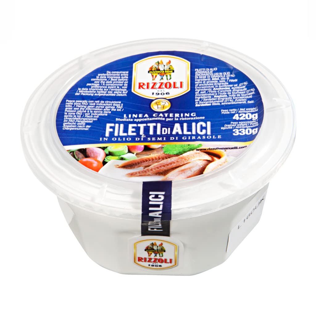 Anchovy Filets in Sunflower Oil Rizzoli, For Pizza,Pasta, Salads,Fresh Anchovies from Italy, Handy Bucket. Net Wt. : 14.82 oz / 420 g By Tita Italian - Case 1