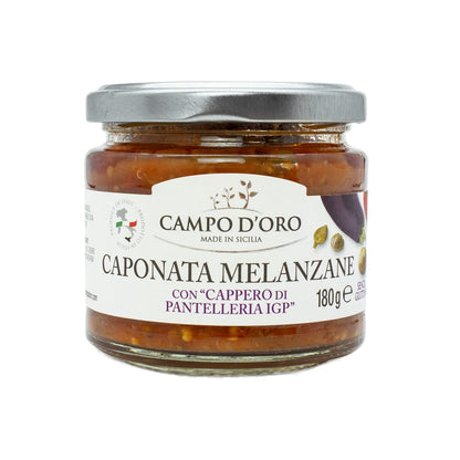 Sicilian Eggplant Caponata, Glass, Jar 6.3 oz. Sicilian recipe for antipasto, appetizer, side dish or pasta with Eggplant, Tomato, Onion, Celery, Olives and Capers. 100% Made in Italy, Campo D'Oro - 1 Case