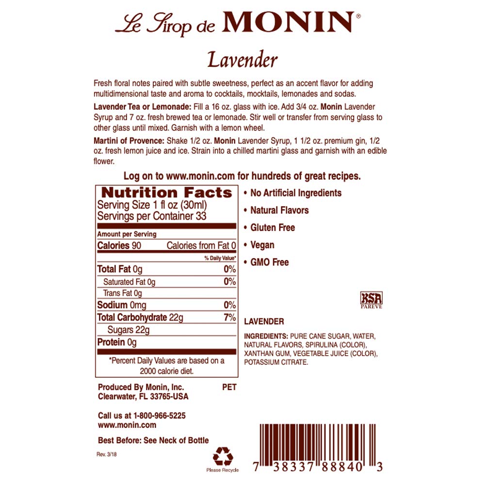 Monin - Lavender Syrup, Aromatic and Floral, Natural Flavors, Great for Cocktails, Lemonades, and Sodas, Non-GMO, Gluten-Free (1 Liter) - Case 1