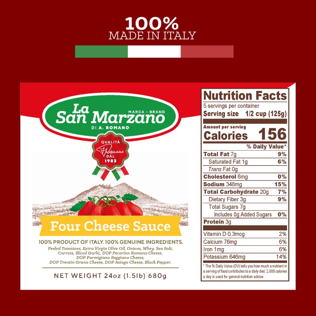 La San Marzano - Four Cheese Sauce - Pasta Sauce with 100% Italian Tomatoes Made in Italy - Peeled Tomatoes with Fresh and Natural Ingredients Gluten Free, Kosher 24 Ounce Jar - 1 Case