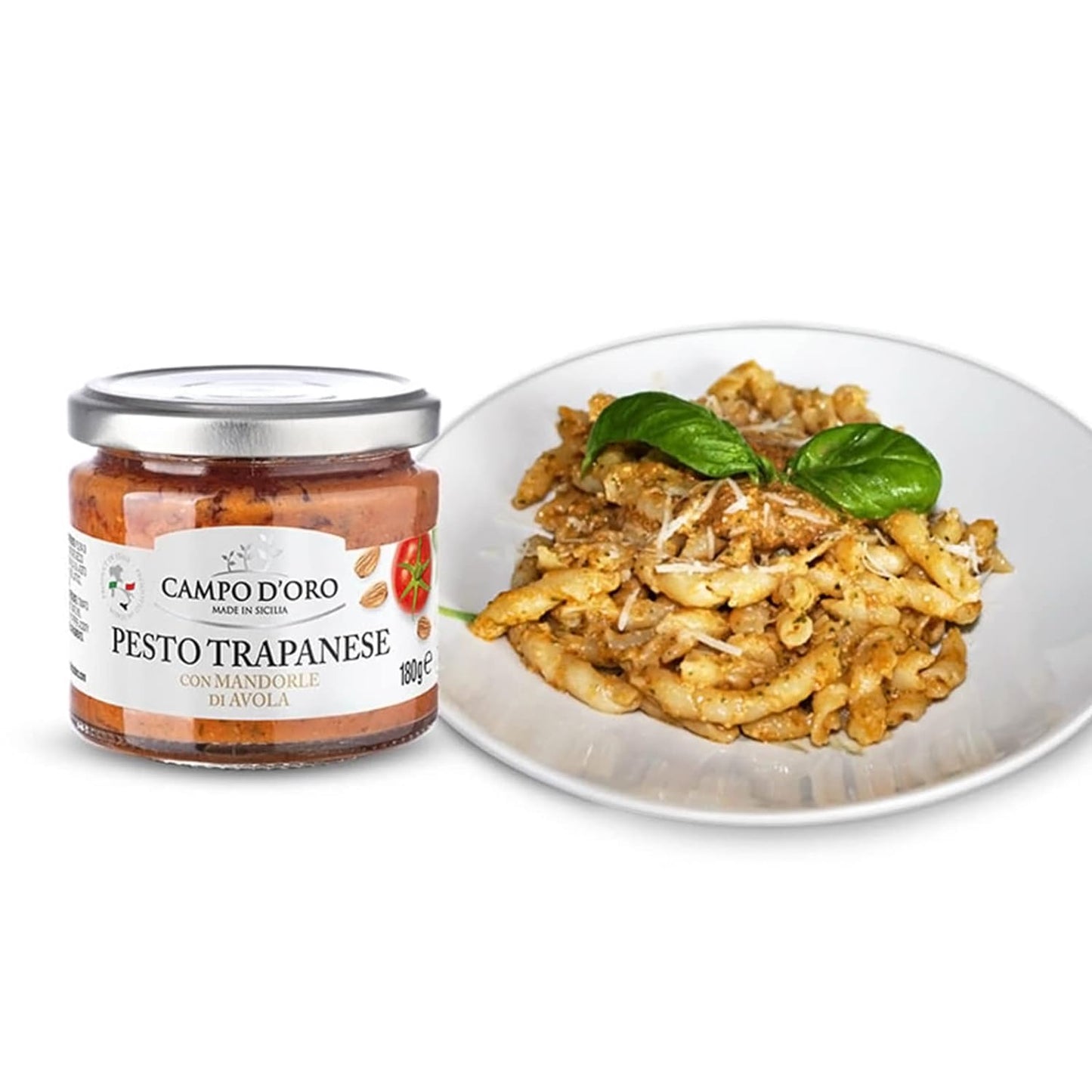 Trapanese Pesto Sauce, made with Tomato Sauce, Basil & Almonds. Italian Specialties. 6.3oz (180g). 100% made in Italy. By Campo D'Oro - 1 Case