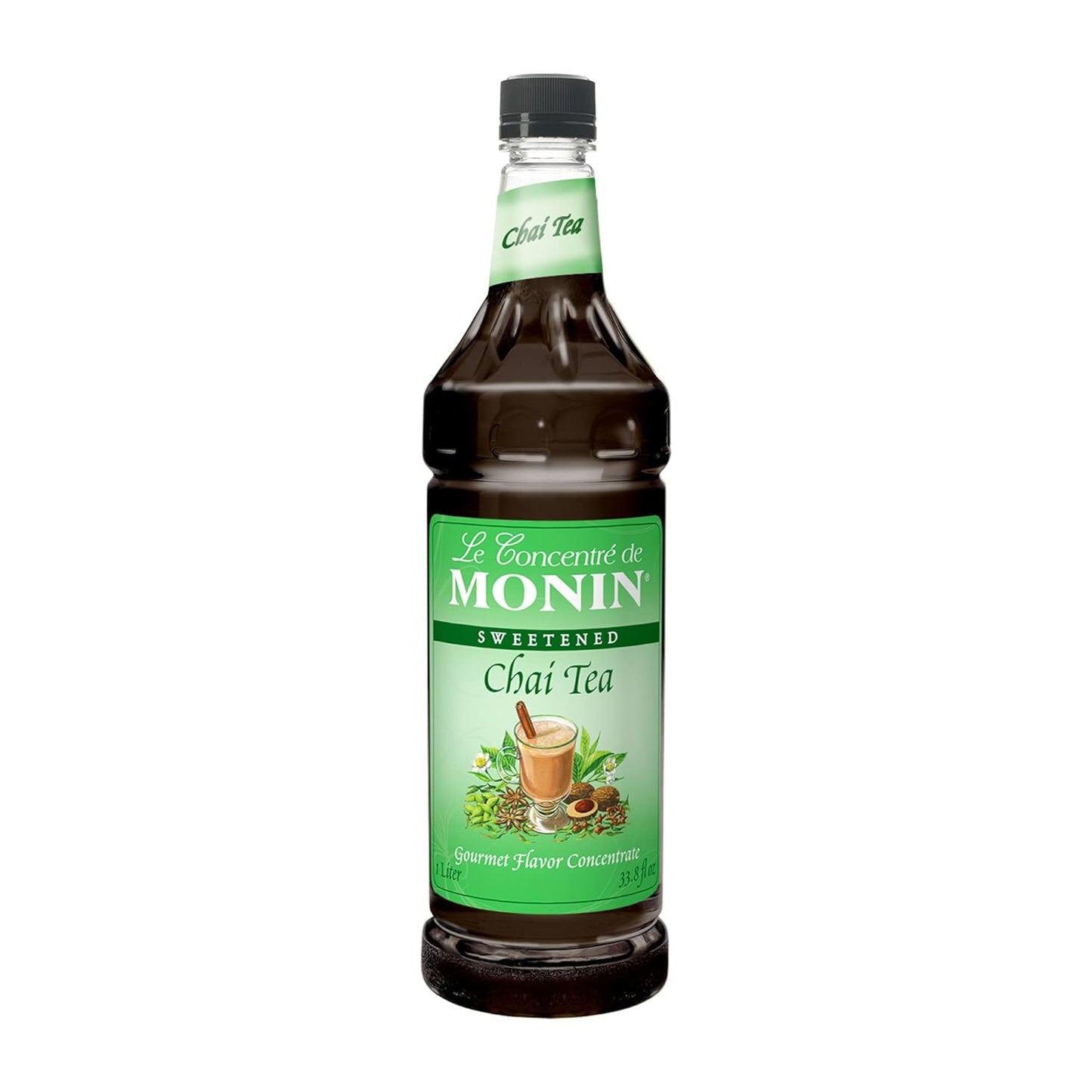 Monin - Chai Tea Concentrate, Spiced Green Tea Flavor, Natural Flavors, Great for Spiced Chai Teas, Coffee Drinks, Dessert Cocktails, and Other Culinary Creations, Non-GMO, Gluten-Free (1 Liter) - Case 1