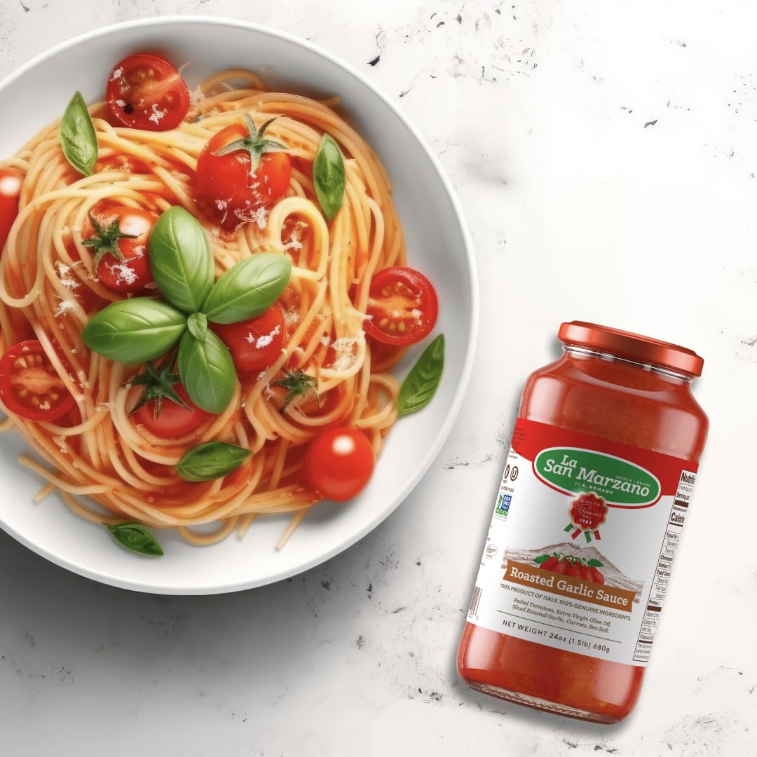 La San Marzano - Roasted Garlic Sauce - Pasta Sauce with 100% Italian Tomatoes Made in Italy - Peeled Tomatoes with Fresh and Natural Ingredients Non GMO Tomatoes, Vegan, Gluten Free, Kosher, Mediterranean Diet 24 Ounce Jar - 1 Case