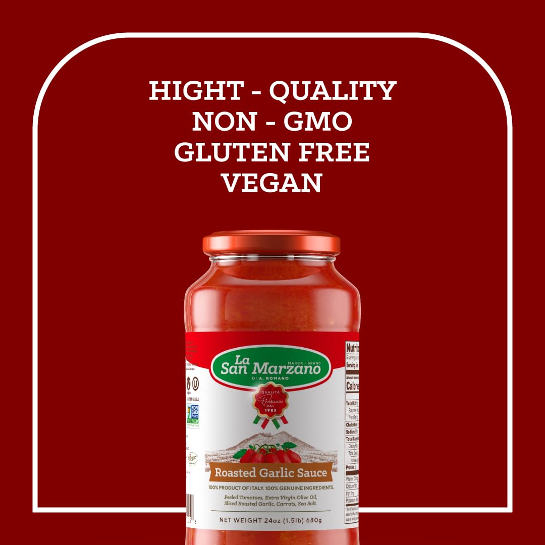 La San Marzano - Roasted Garlic Sauce - Pasta Sauce with 100% Italian Tomatoes Made in Italy - Peeled Tomatoes with Fresh and Natural Ingredients Non GMO Tomatoes, Vegan, Gluten Free, Kosher, Mediterranean Diet 24 Ounce Jar - 1 Case