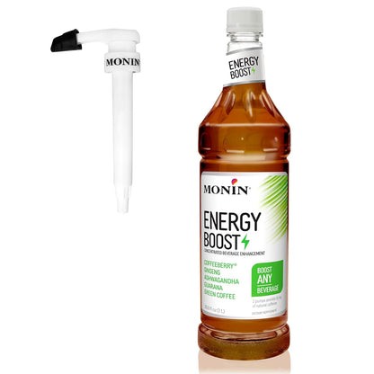 Monin - Energy Boost, Liquid Energy Supplement, Subtle Tea Flavor, Zero Added Sugar, Great for Coffee, Soda, & More, Low-Calorie, Contains Natural Caffeine, Gluten-Free, Clean Label (1 Liter + Pump) - Case 1