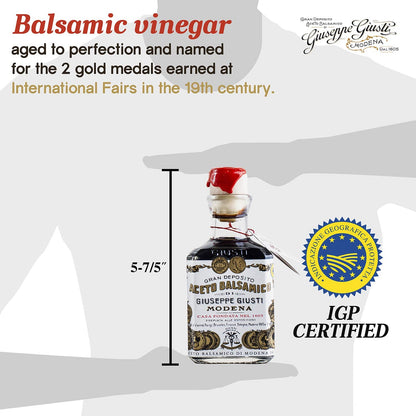 Giuseppe Giusti 2 Gold Medals Aceto Balsamico di Modena, Italy - Gourmet, Aged Premium Balsamic Vinegar of Modena - Cubic bottle With Gift Box - 250ml - 1 Case