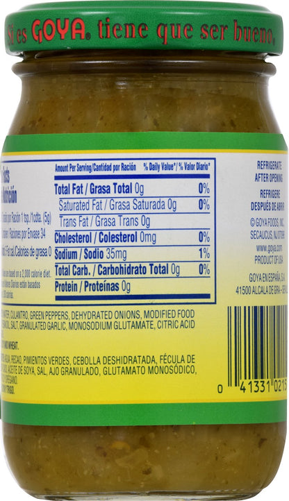 Recaito Culantro Cooking Base by Goya, Cilantro Cooking Base with Onions, Garlic, and Green Bell Peppers, Latino Seasoning for Rice, Beans, Soups, Chili, Stews, and Sauces, 6oz Jar - Case 1