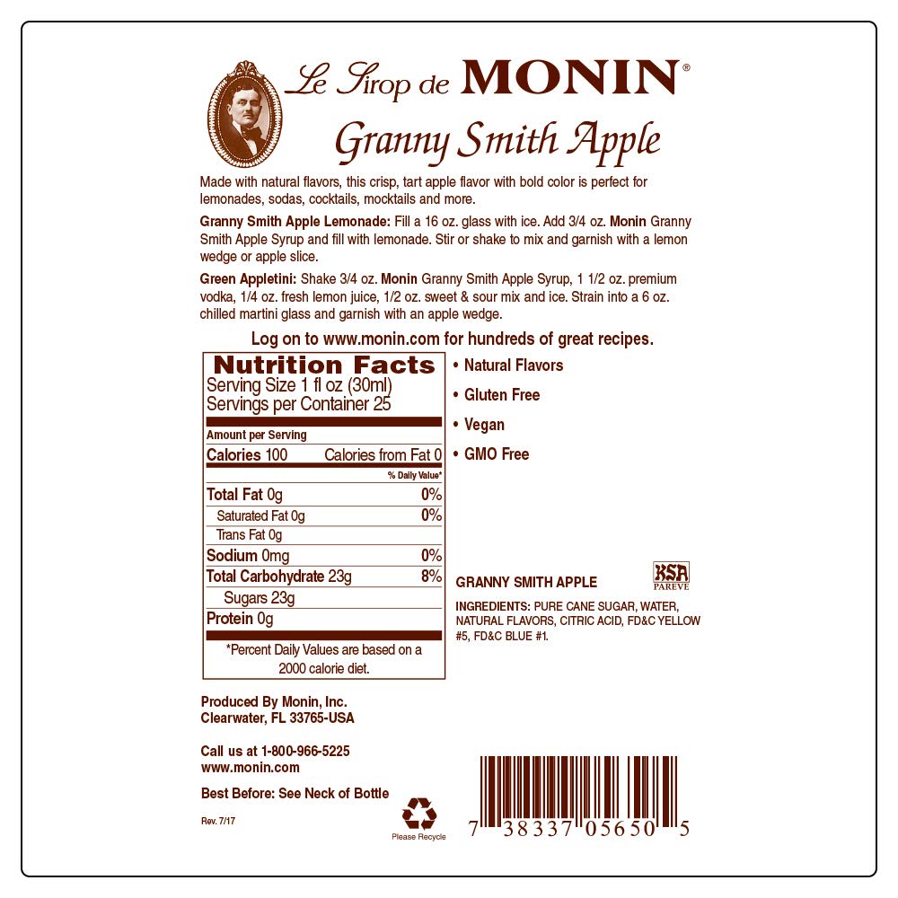 Monin - Granny Smith Apple Syrup, Tart and Sweet, Great for Cocktails and Lemonades, Gluten-Free, Non-GMO (750 ml) - Case 1