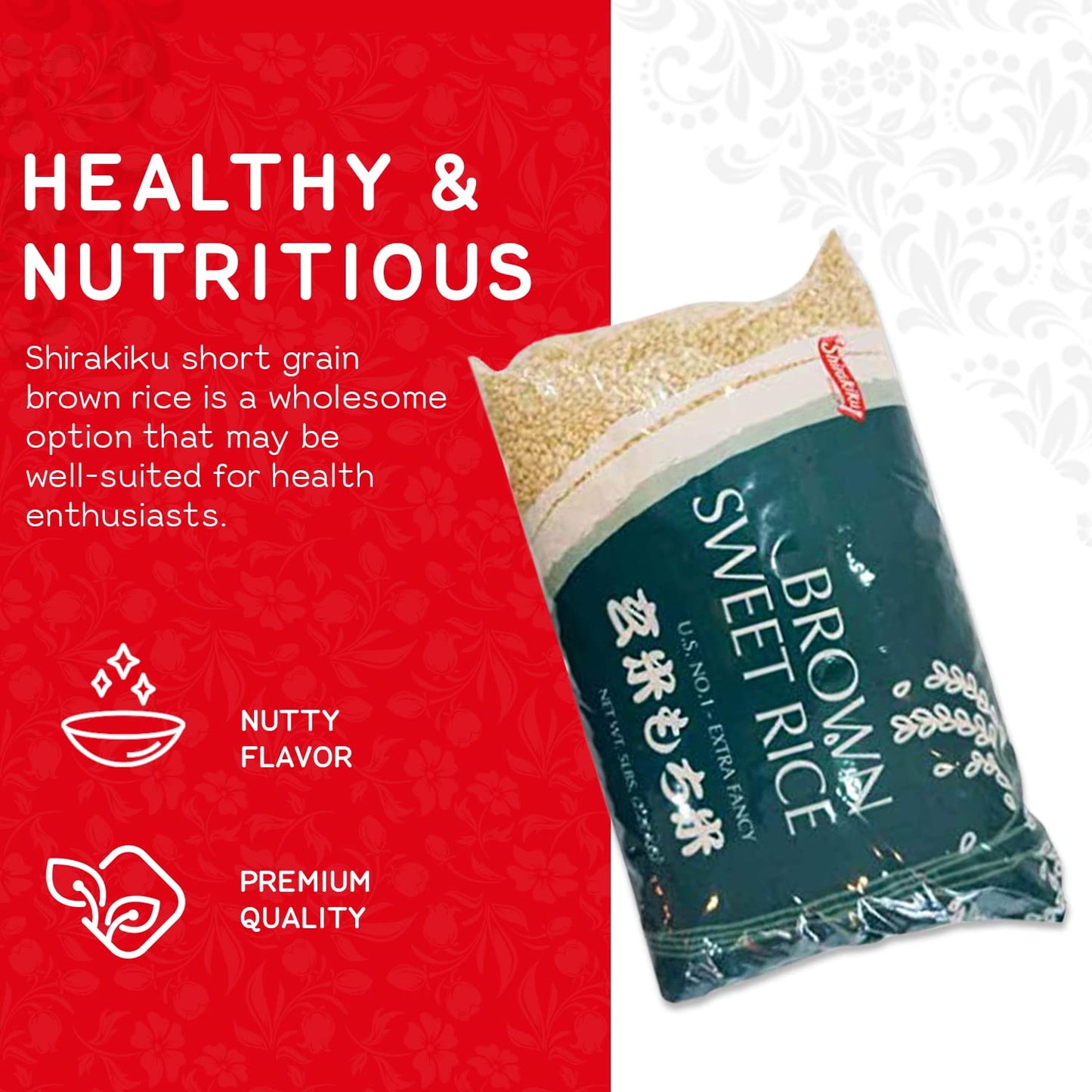 Shirakiku Sweet Brown Rice - Short Grain Japanese Rice with Low Calories and Dietary Fiber - Perfect for Authentic Asian Cuisine | Risotto, Rice Pudding, and Sushi | 5-Pound - Case 1