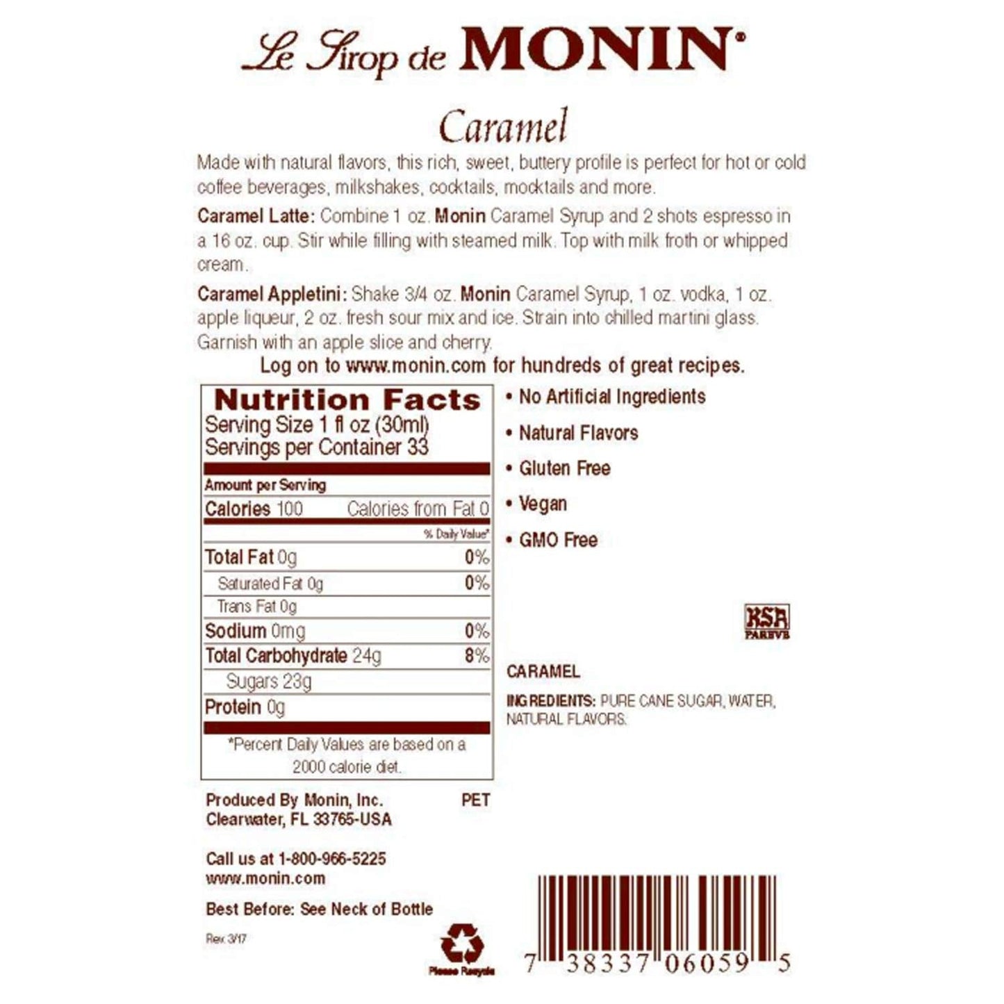 Monin - Caramel Syrup, Rich and Buttery, Great for Desserts, Coffee, and Cocktails, Gluten-Free, Non-GMO (1 Liter) - Case 1