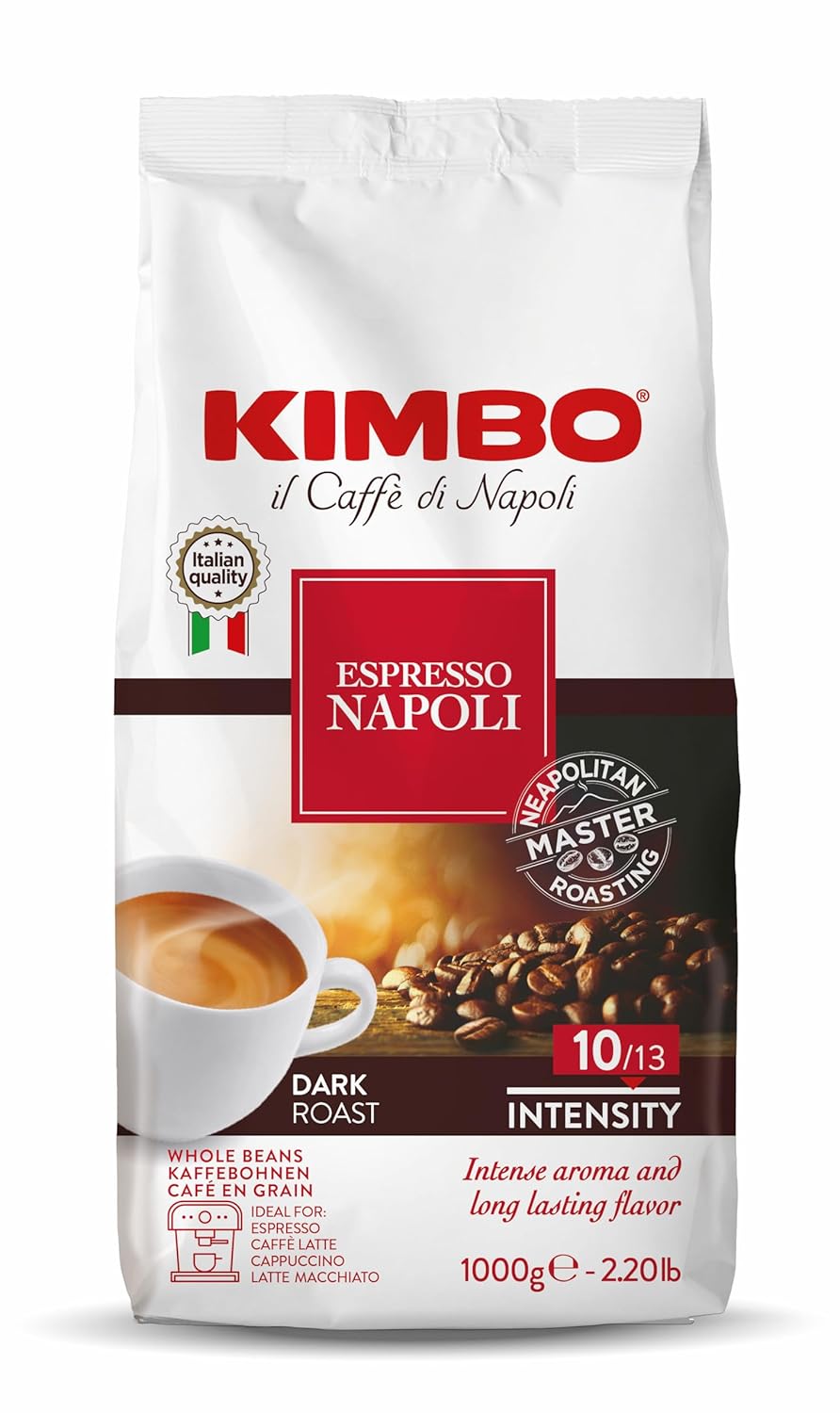 Kimbo Espresso Napoletano Whole Coffee Beans, Dark Roast, 1kg Bag - 1 Case