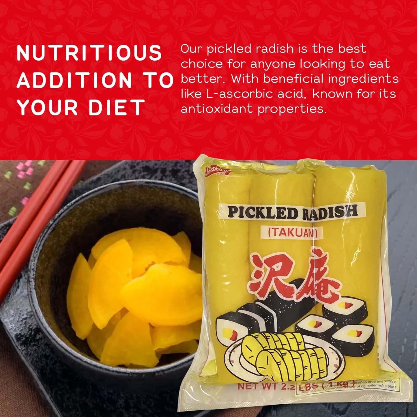 Shirakiku Pickled Radish Takuwan | Japanese Pickle with Sulfites | Ideal for Asian Sushi, Bento Boxes, Sandwiches, and Salads | (3-piece) - Case 1