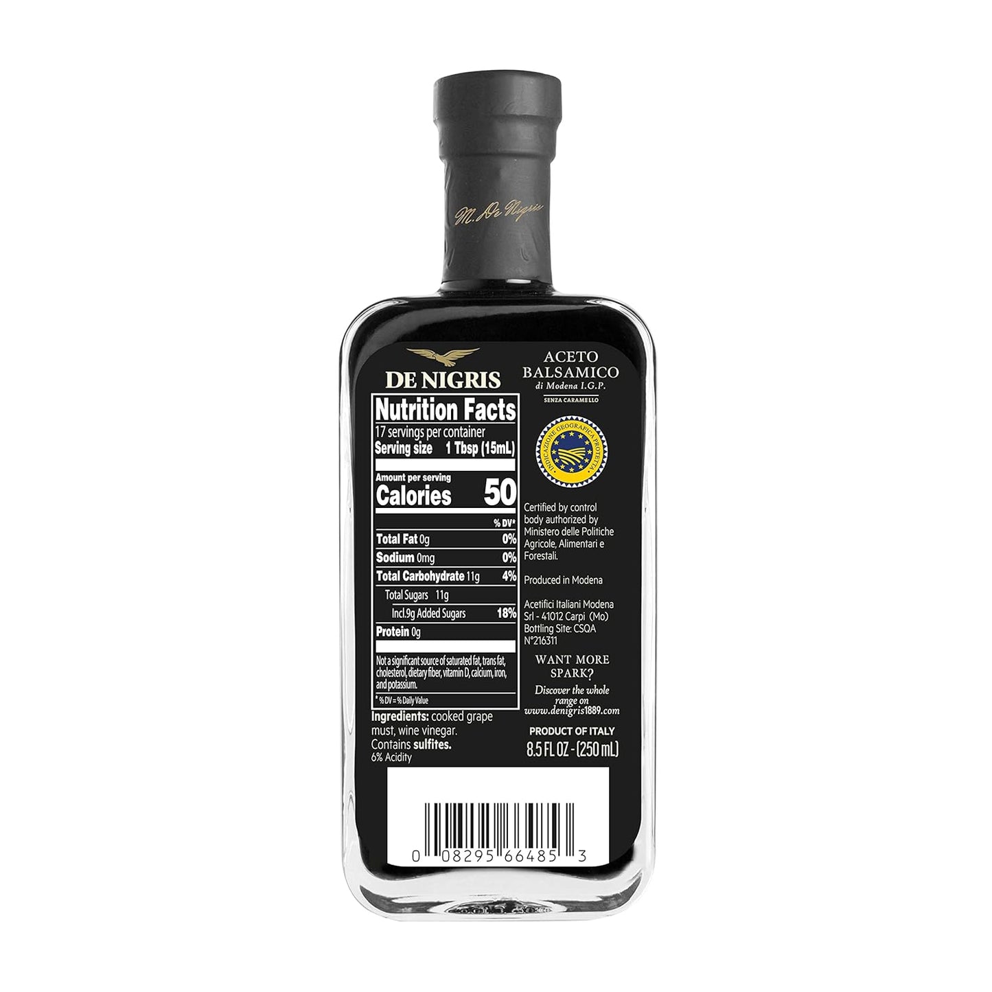 De Nigris Balsamic Vinegar Of Modena Excellence Line Founder's Edition Recipe (70% Grape Must) 8,5 Oz (250ml) | Balsamic Vinegar From Modena Italy Thick and Intense | Balsamic Vinegar Aged - Case 1