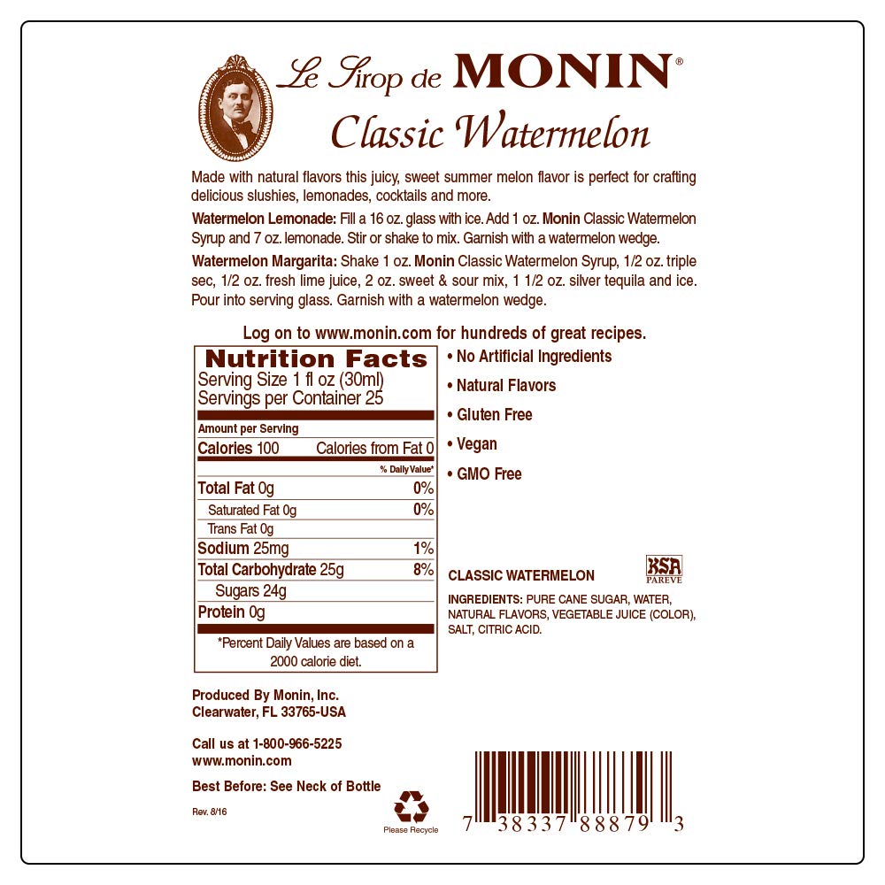 Monin - Classic Watermelon Syrup, Juicy and Sweet, Great for Sodas and Lemonades, Gluten-Free, Non-GMO (750 ml)