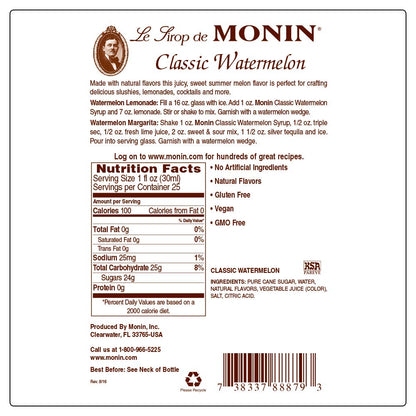 Monin - Classic Watermelon Syrup, Juicy and Sweet, Great for Sodas and Lemonades, Gluten-Free, Non-GMO (750 ml)