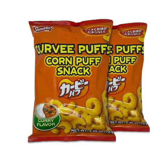 Shirakiku Curvee Corn Puff Snack | Corn Grits, Ginger powder, Cumin Seed, Tomato powder, Palm oil | Authentic Japanese Snacks in Curry Flavor | 2.46 oz Pack of 1