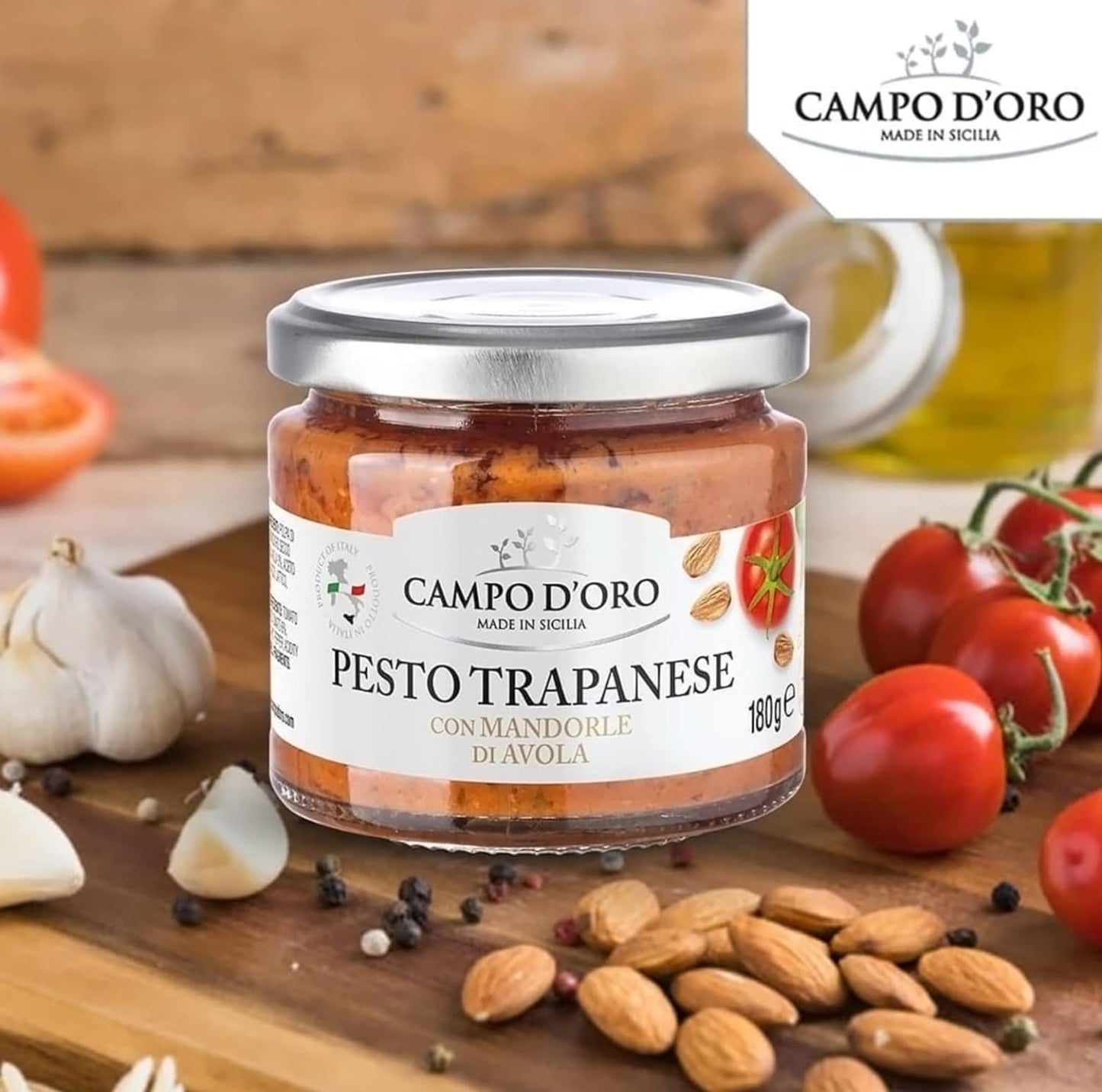 Trapanese Pesto Sauce, made with Tomato Sauce, Basil & Almonds. Italian Specialties. 6.3oz (180g). 100% made in Italy. By Campo D'Oro - 1 Case