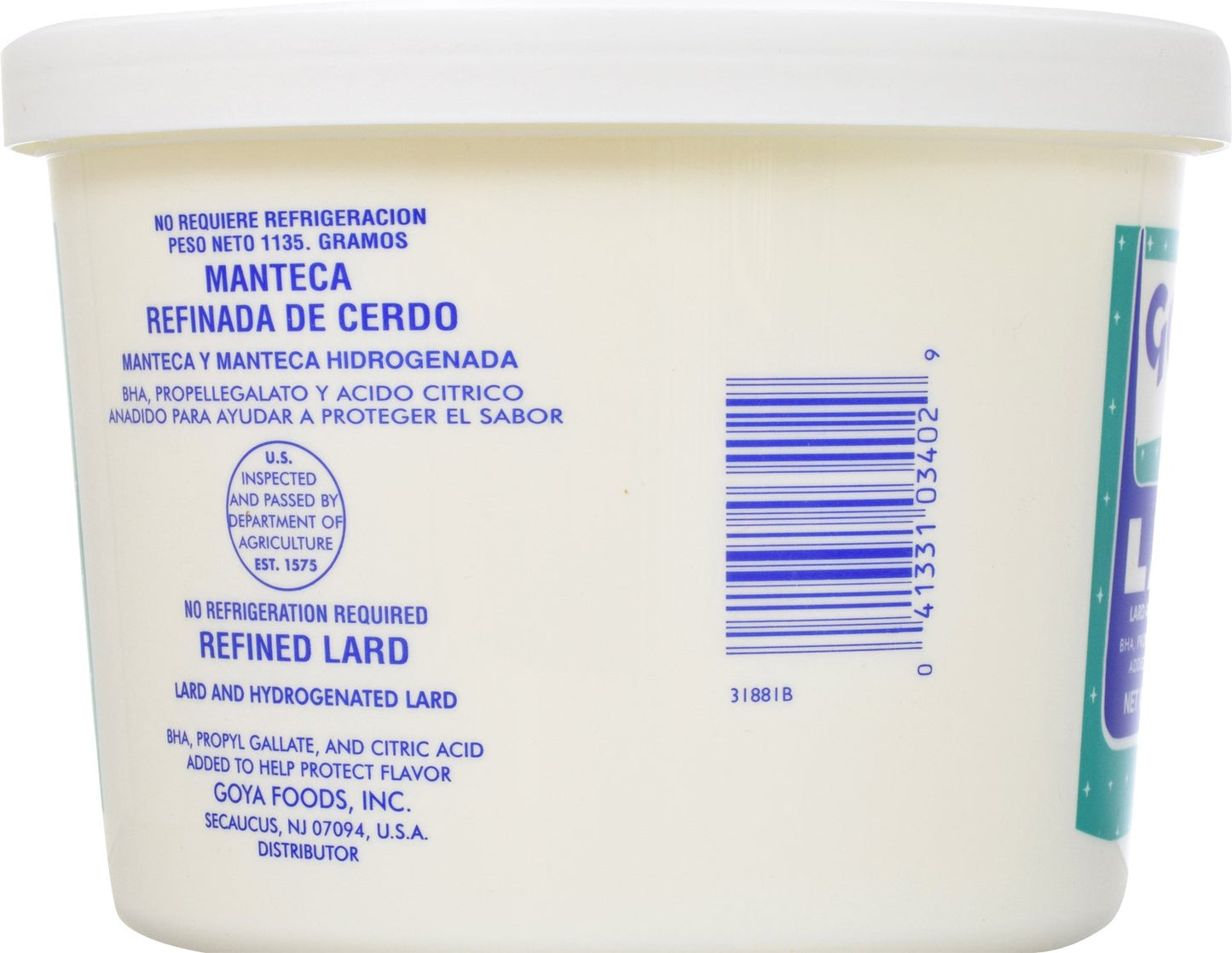 Goya Manteca Refined Lard, 2.5 Pound - Case 1