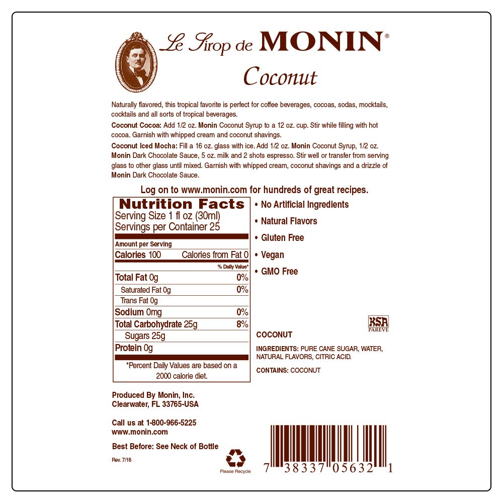 Monin - Coconut Syrup, Creamy Tropical Flavored Syrup, Coffee Syrup, Natural Flavor Drink Mix, Simple Syrup for Coffee, Lemonade, Cocktails, & More, Gluten-Free, Non-GMO, Clean Label (750 ml) - Case 1