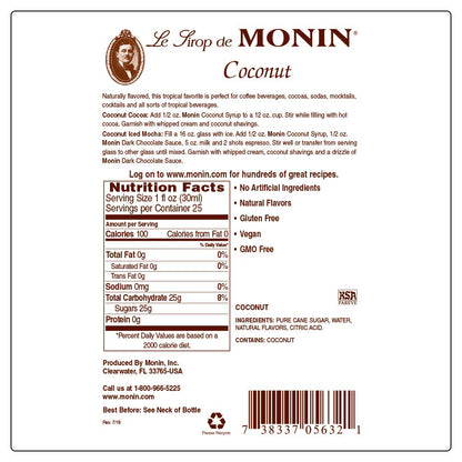 Monin - Coconut Syrup, Creamy Tropical Flavored Syrup, Coffee Syrup, Natural Flavor Drink Mix, Simple Syrup for Coffee, Lemonade, Cocktails, & More, Gluten-Free, Non-GMO, Clean Label (750 ml) - Case 1