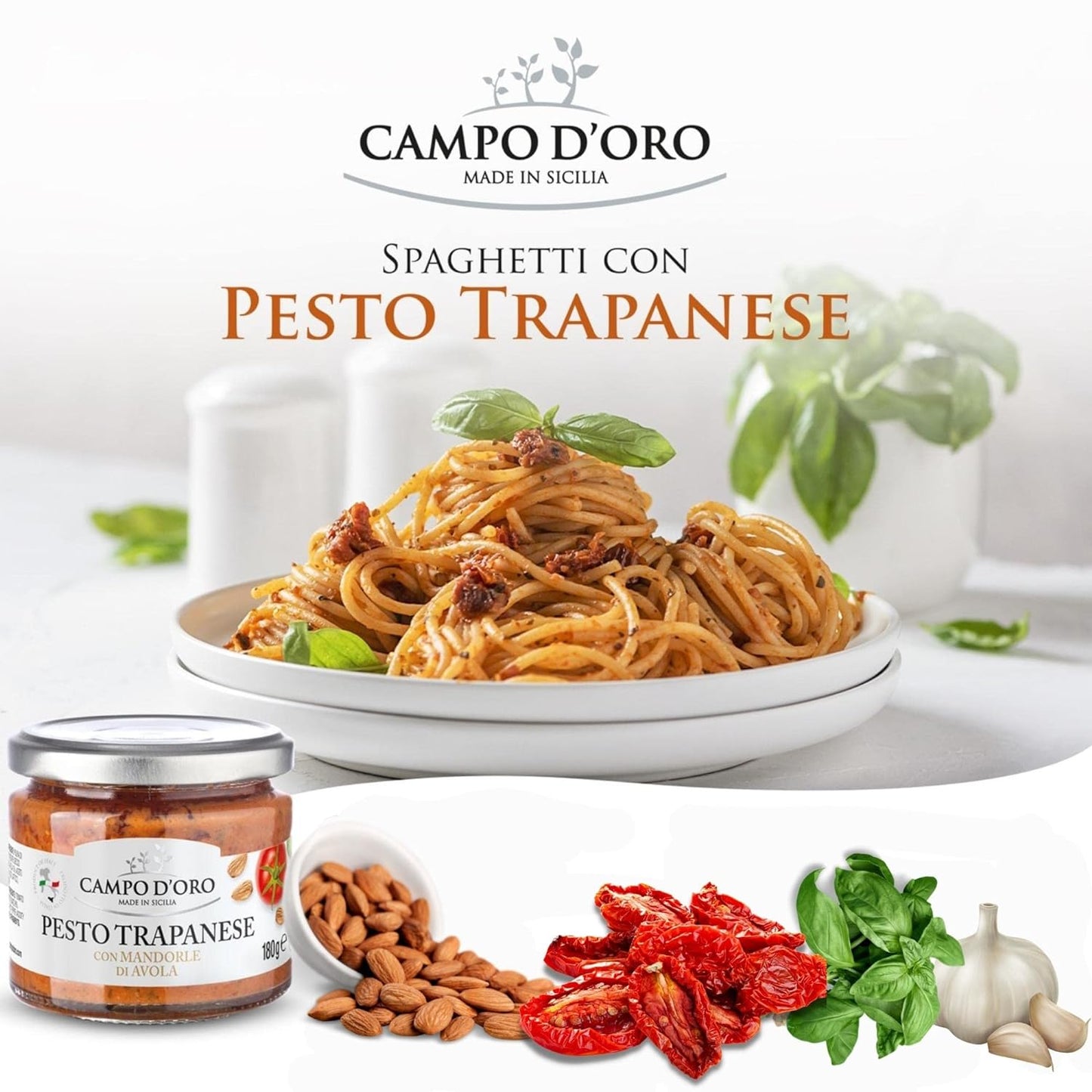 Trapanese Pesto Sauce, made with Tomato Sauce, Basil & Almonds. Italian Specialties. 6.3oz (180g). 100% made in Italy. By Campo D'Oro - 1 Case