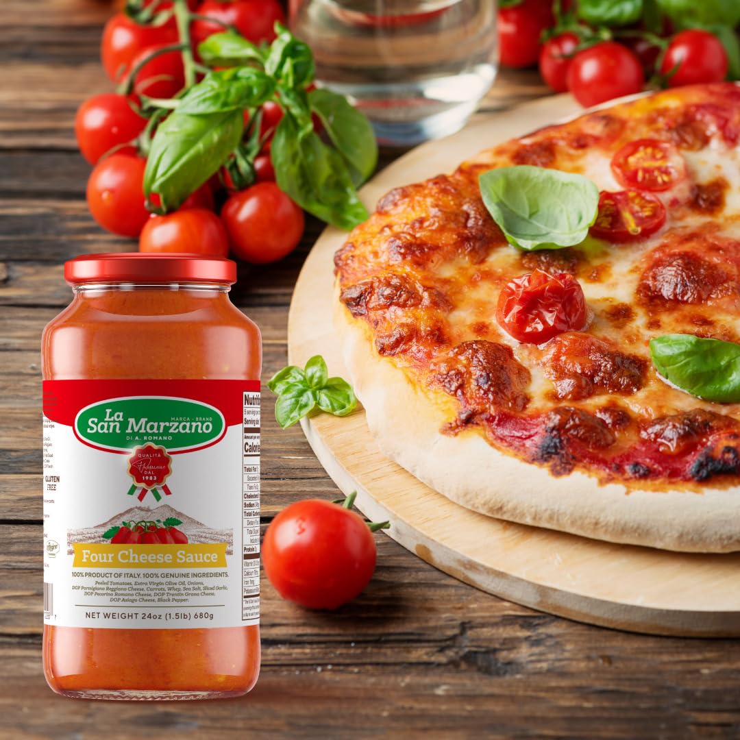 La San Marzano - Four Cheese Sauce - Pasta Sauce with 100% Italian Tomatoes Made in Italy - Peeled Tomatoes with Fresh and Natural Ingredients Gluten Free, Kosher 24 Ounce Jar - 1 Case