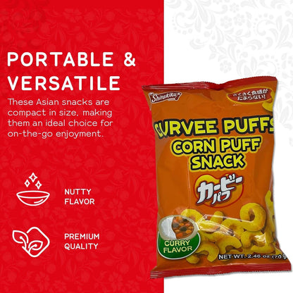 Shirakiku Curvee Corn Puff Snack | Corn Grits, Ginger powder, Cumin Seed, Tomato powder, Palm oil | Authentic Japanese Snacks in Curry Flavor | 2.46 oz Pack of 1