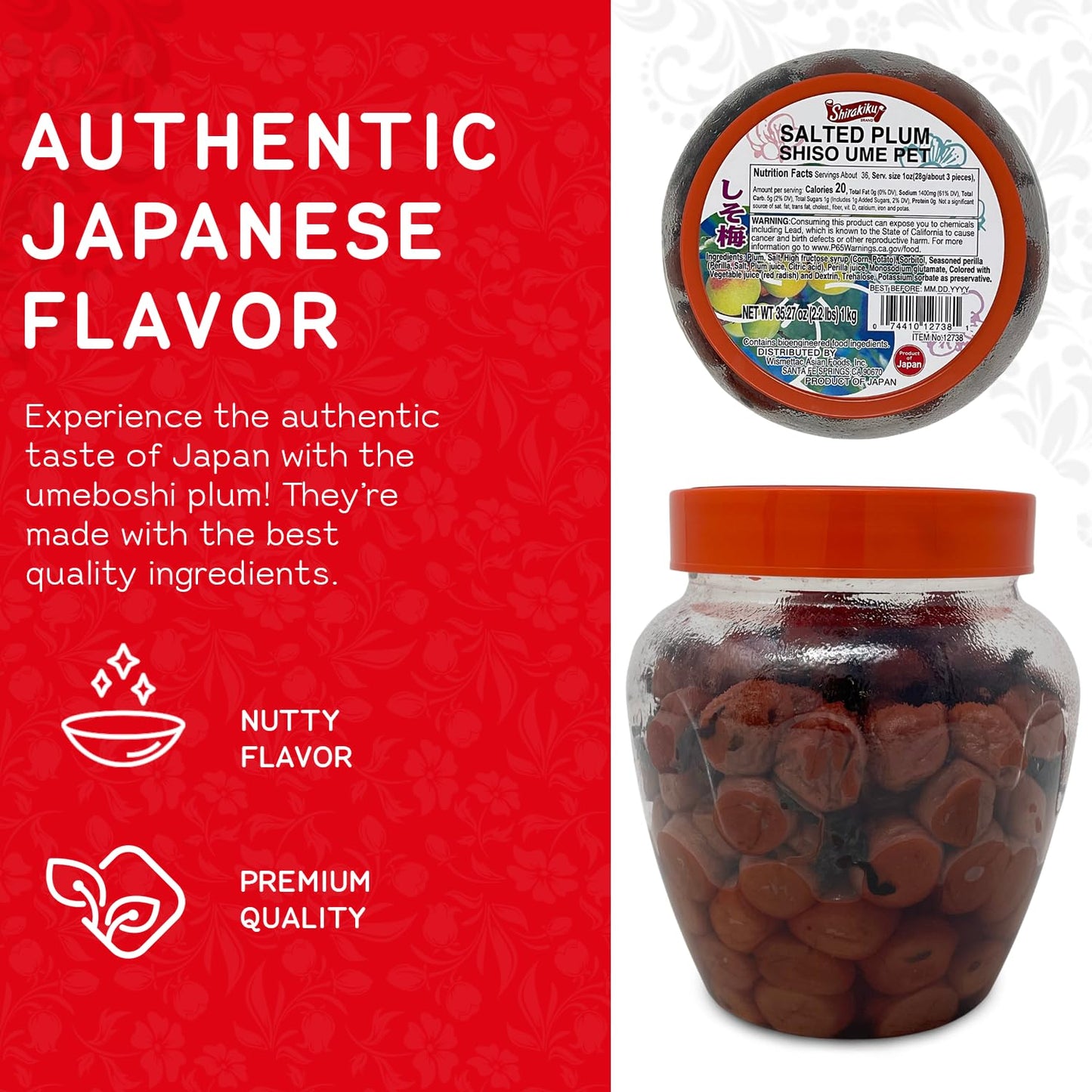 Shirakiku Salted Plums Shiso Ume PET | Japanese Umeboshi Plums for Vinaigrettes, Noodles, Sandwiches, & Rice Balls | High Fructose Syrup, Seasoned Perilla | Pack in 2.2lbs Jar - Case 1