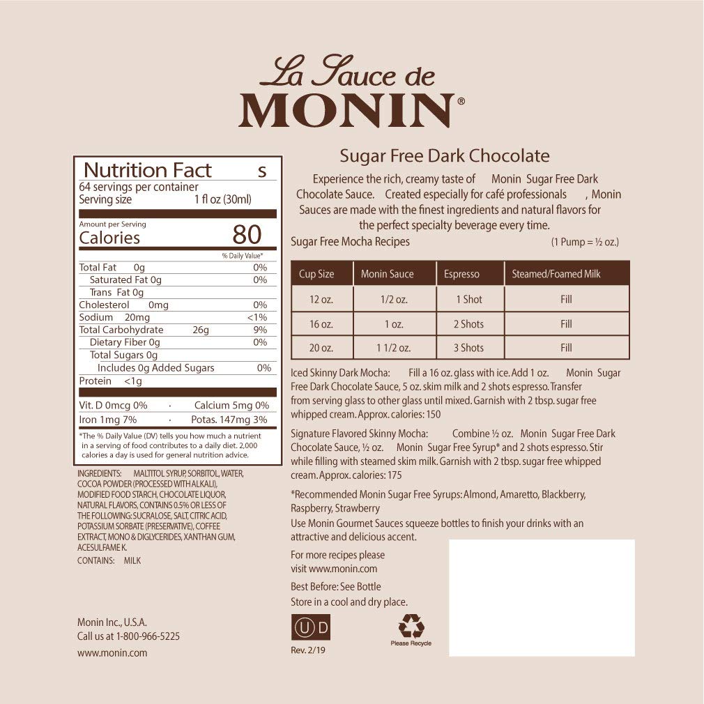 Monin - Sugar Free Dark Chocolate Sauce, Velvety and Rich, Great for Desserts, Coffee, and Snacks, Gluten-Free (64 Ounce) - Case 1