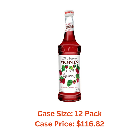 Monin - French Raspberry Syrup, Sweet and Tart Raspberry Flavor, Great for Hot Lattes, Cocoas, Mochas, & Iced Cocktails, Gluten-Free, Vegan, Non-GMO (750 ml) - Case 1