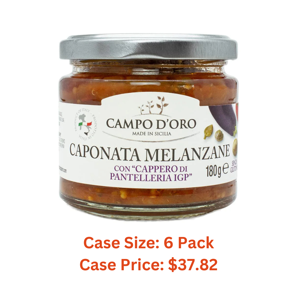 Sicilian Eggplant Caponata, Glass, Jar 6.3 oz. Sicilian recipe for antipasto, appetizer, side dish or pasta with Eggplant, Tomato, Onion, Celery, Olives and Capers. 100% Made in Italy, Campo D'Oro - 1 Case