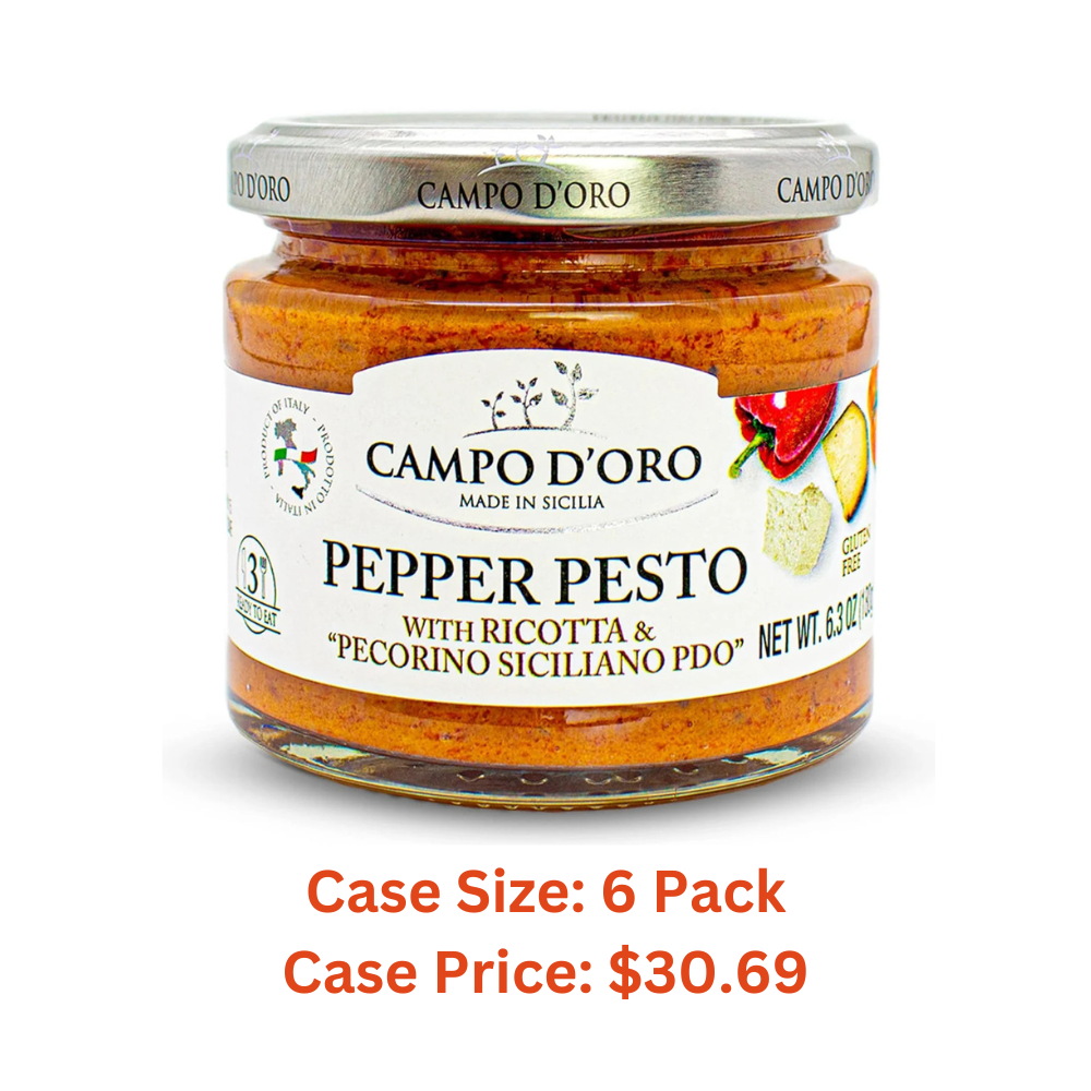 Sicilian Pepper Pesto with Ricotta and Pecorino, Glass Jar 6,3 oz. Campo D'Oro, Italian specialties. Sicilian ready sauce with Sicilian peppers, ricotta and Pecorino. 100% Made in Italy - 1 Case