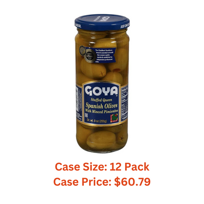 Goya Foods Stuffed Queen Spanish Olives with Minced Pimientos, 9 Ounce - Case 1