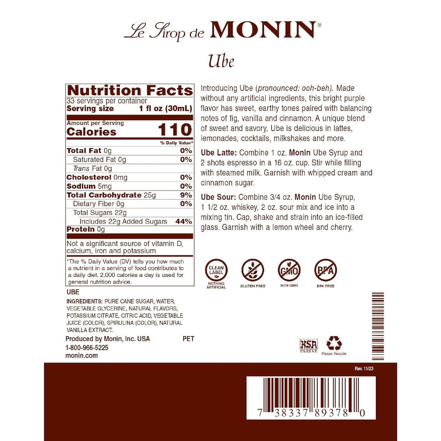 Monin - Ube Blend Syrup, Savory & Sweet, Blended With Notes of Fig, Cinnamon & Vanilla, Great for Lemonades, Boba Tea, & Coffee, Dairy-Free, No Artificial Sweeteners, Gluten-Free (Plastic, 1 Liter) - Case 1