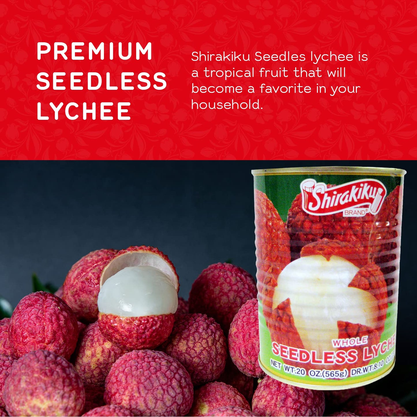 Shirakiku Whole Seedless Lychee - Japanese Fresh Lychee Fruit Canned | Water, Lychee, Sugar, Citric Acid | Perfect For Healthy And Delicious Snacks, 20-Ounce - Case 1