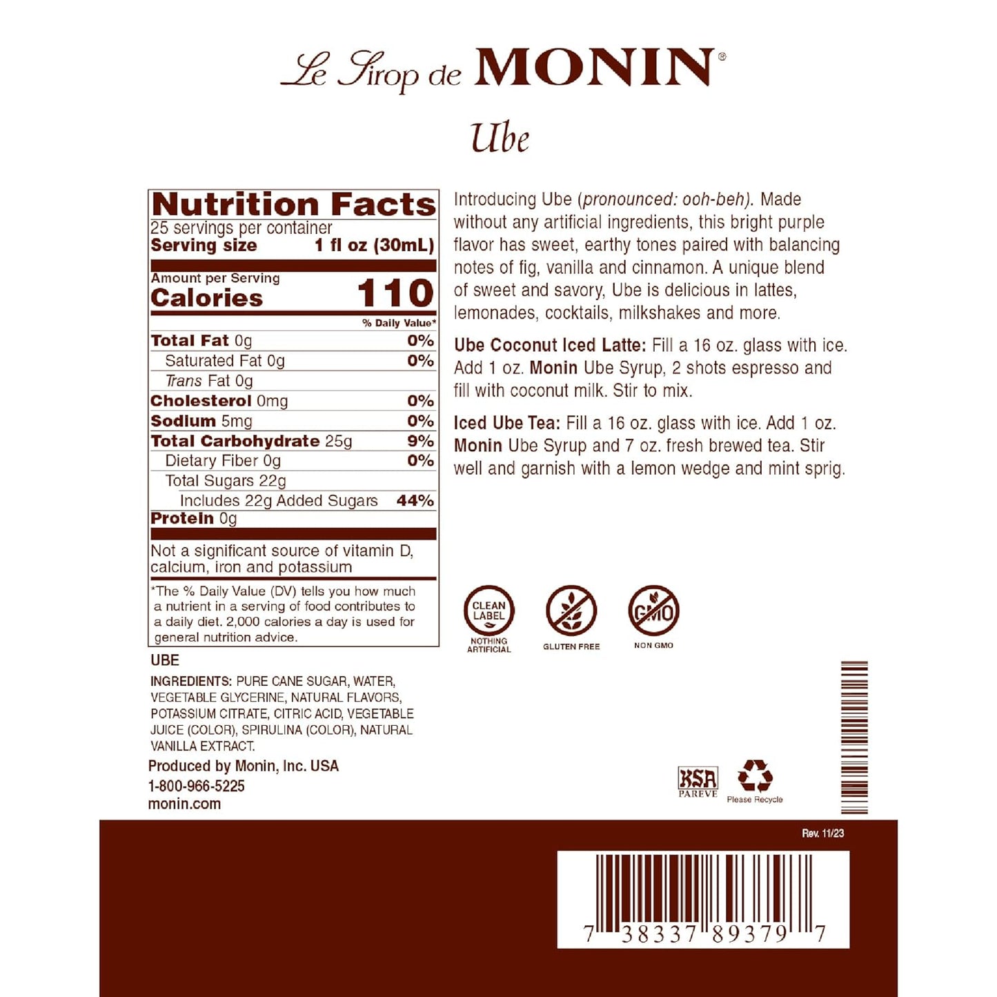 Monin - Ube Blend Syrup, Savory & Sweet, Blended With Notes of Fig, Cinnamon & Vanilla, Great for Lemonades, Boba Tea, & Coffee, Dairy-Free, No Artificial Sweeteners, Gluten-Free (Glass, 750 mL) - Case 1