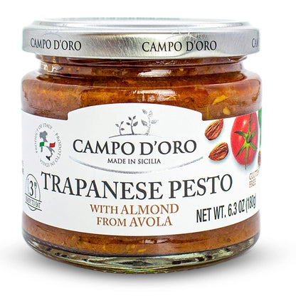 Trapanese Pesto Sauce, made with Tomato Sauce, Basil & Almonds. Italian Specialties. 6.3oz (180g). 100% made in Italy. By Campo D'Oro - 1 Case