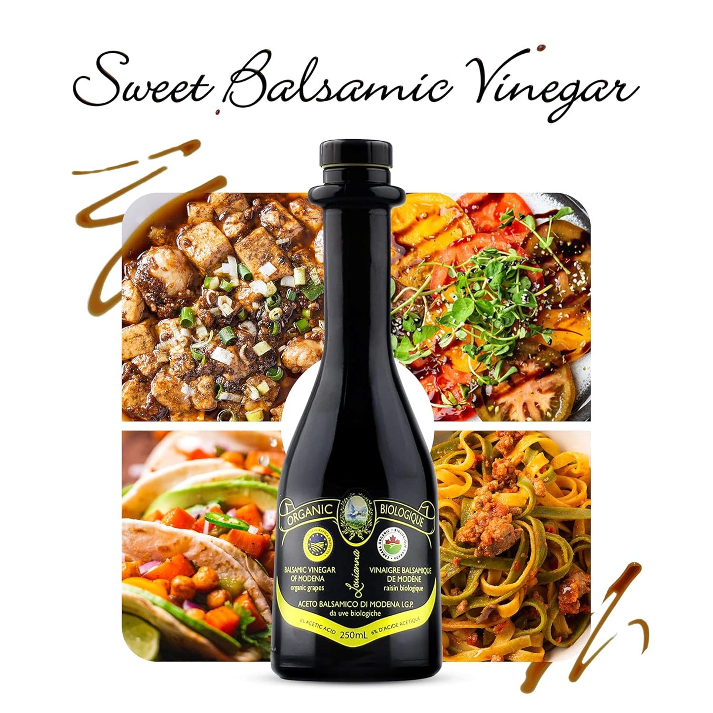 Louianna - Organic Balsamic Vinegar of Modena, High Polyphenol Balsamic Vinegar Dressing, Aged Red Wine Vinegar Made of Trebbiano Grapes, 250 mL - Case 1