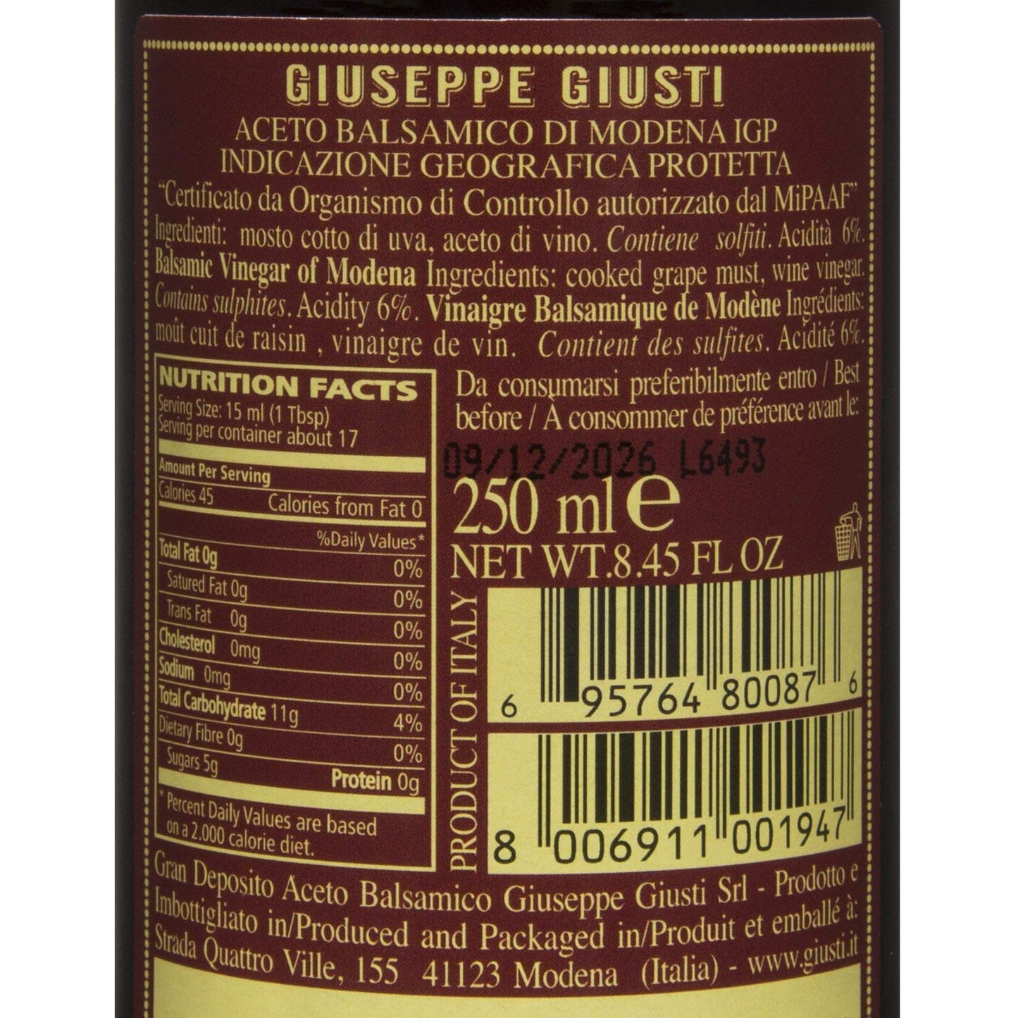 Giuseppe Giusti Riccardo Balsamic Vinegar, Product of Italy - Aged 12 Years - Simfonia Without Pourer, IGP Certified 8.45fl.oz / 250ml - 1 Case